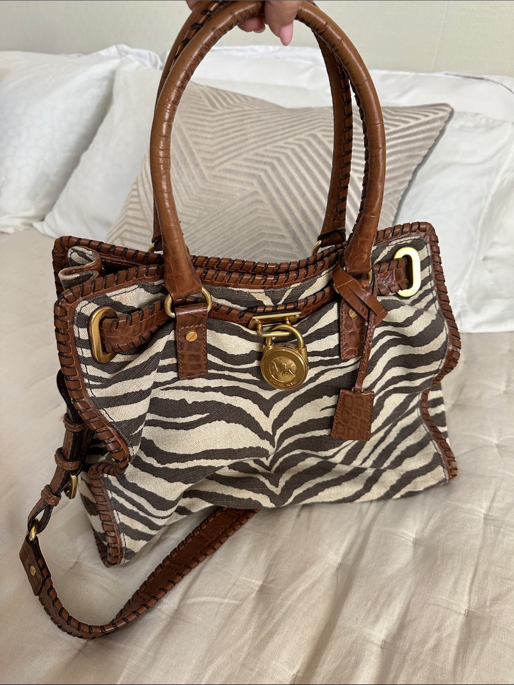 Michael Kors Zebra-Print Canvas Shoulder Bag with Brown Trim